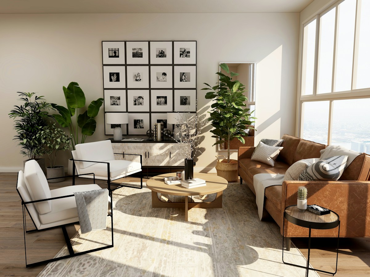 Bright living room with natural textures and a comfortable sofa
